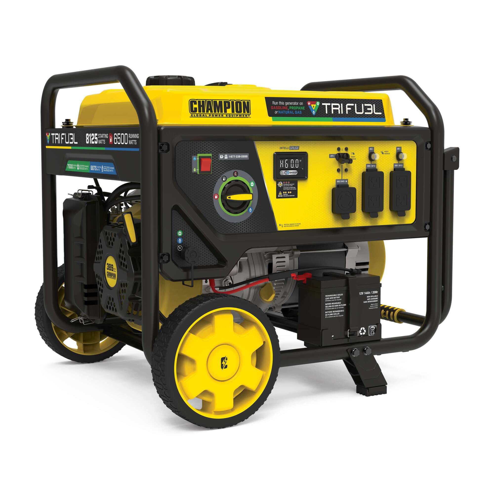 Champion Power Equipment, 6875/6500w Tri Fuel Portable Generator CO Shield, Surge Watts 8125 Rated Watts 6500 Voltage 120/240 Model# 201169